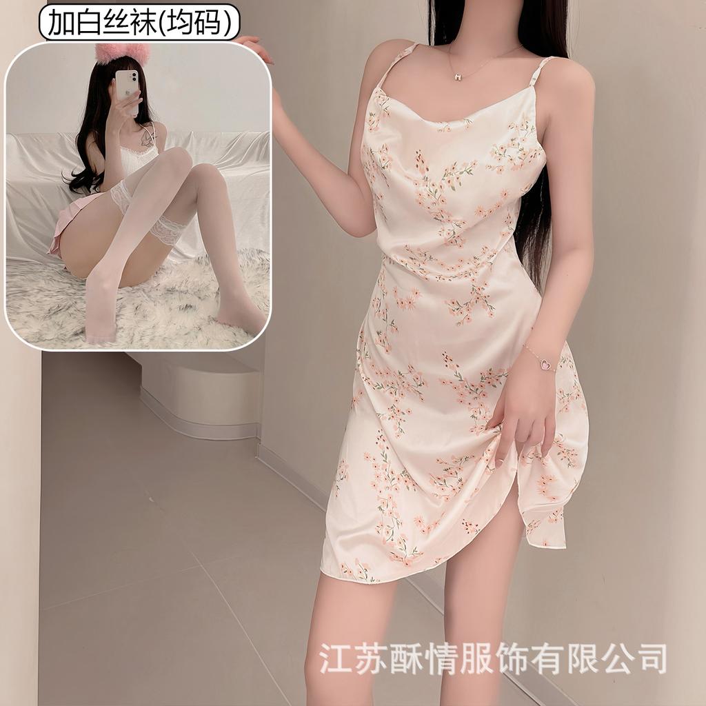 New sexy nightdress women's summer suspender ice silk ins print pure desire plum blossom suspender nightdress