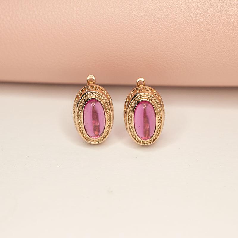 Exquisite Russian 585 Purple Gold Inlaid Oval Redstone Earrings Rose Gold Plated Luxury Foreign Exquisite Color Gold