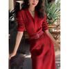 2025 Red Knitted Waist-Cinching Long Dress - Early Autumn French Style