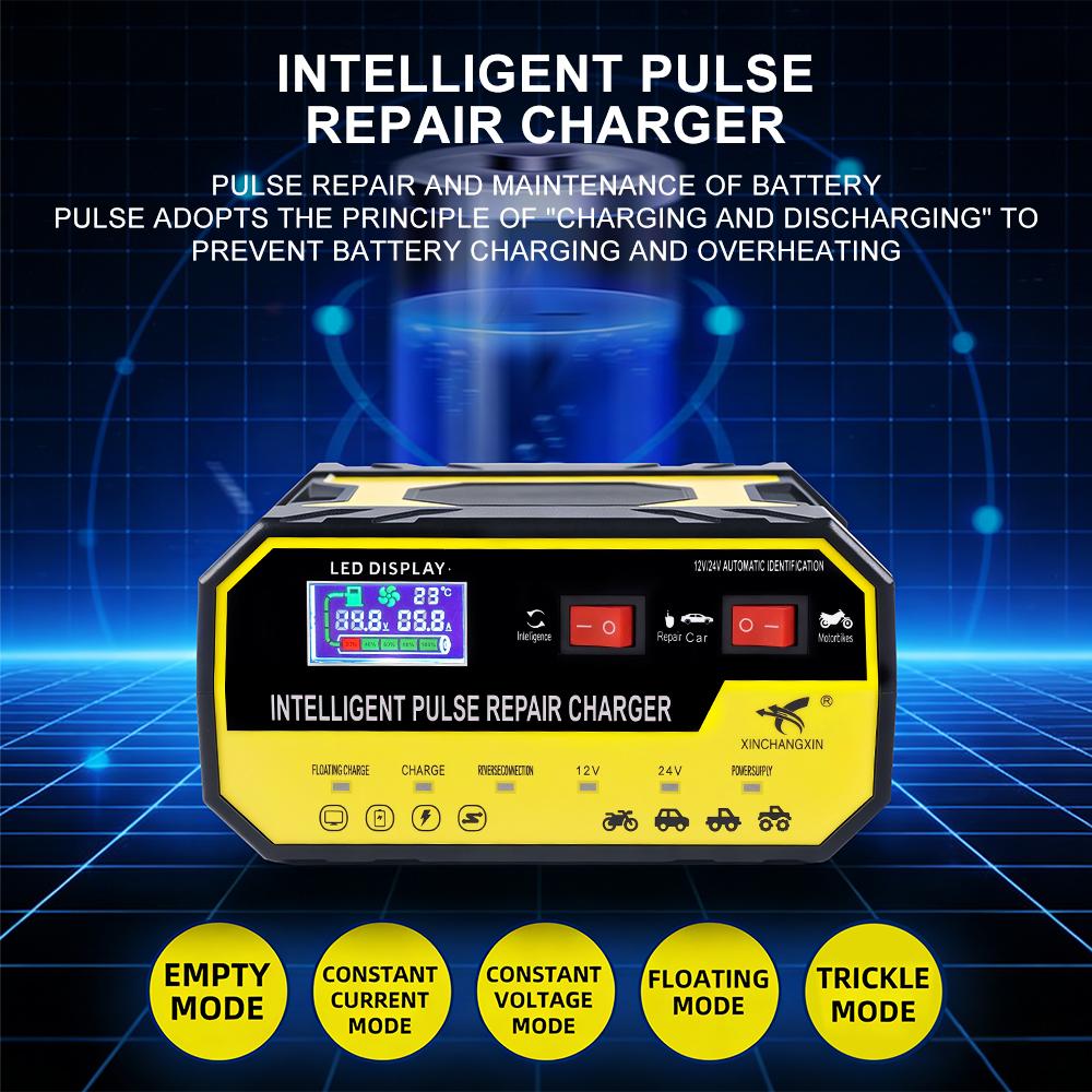 EU-Stecker Überspannungsschutz Intelligente Pulsreparatur Multifunktional 12V 24V 8A Autobatterieladegerät Automatischer Stopp Spannungs- und Temperaturerkennung