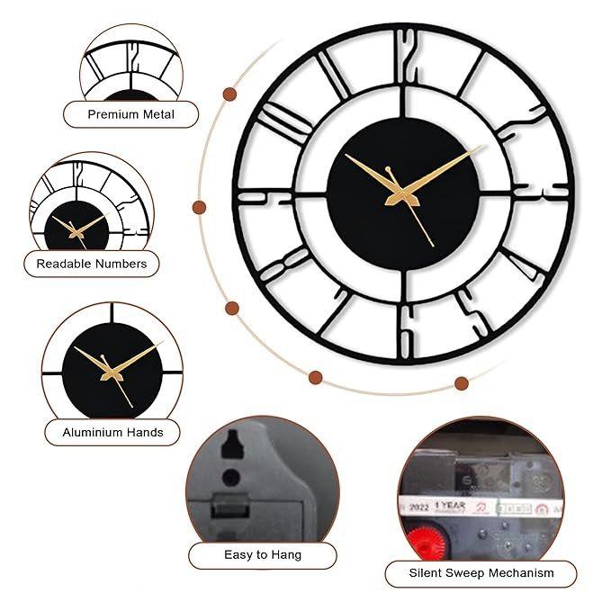 Modern Metal Wall Clock for Living Room | Antique Silent Wall Watch for Bedroom, Drawing Room, Office, Kitchen, House and Hall