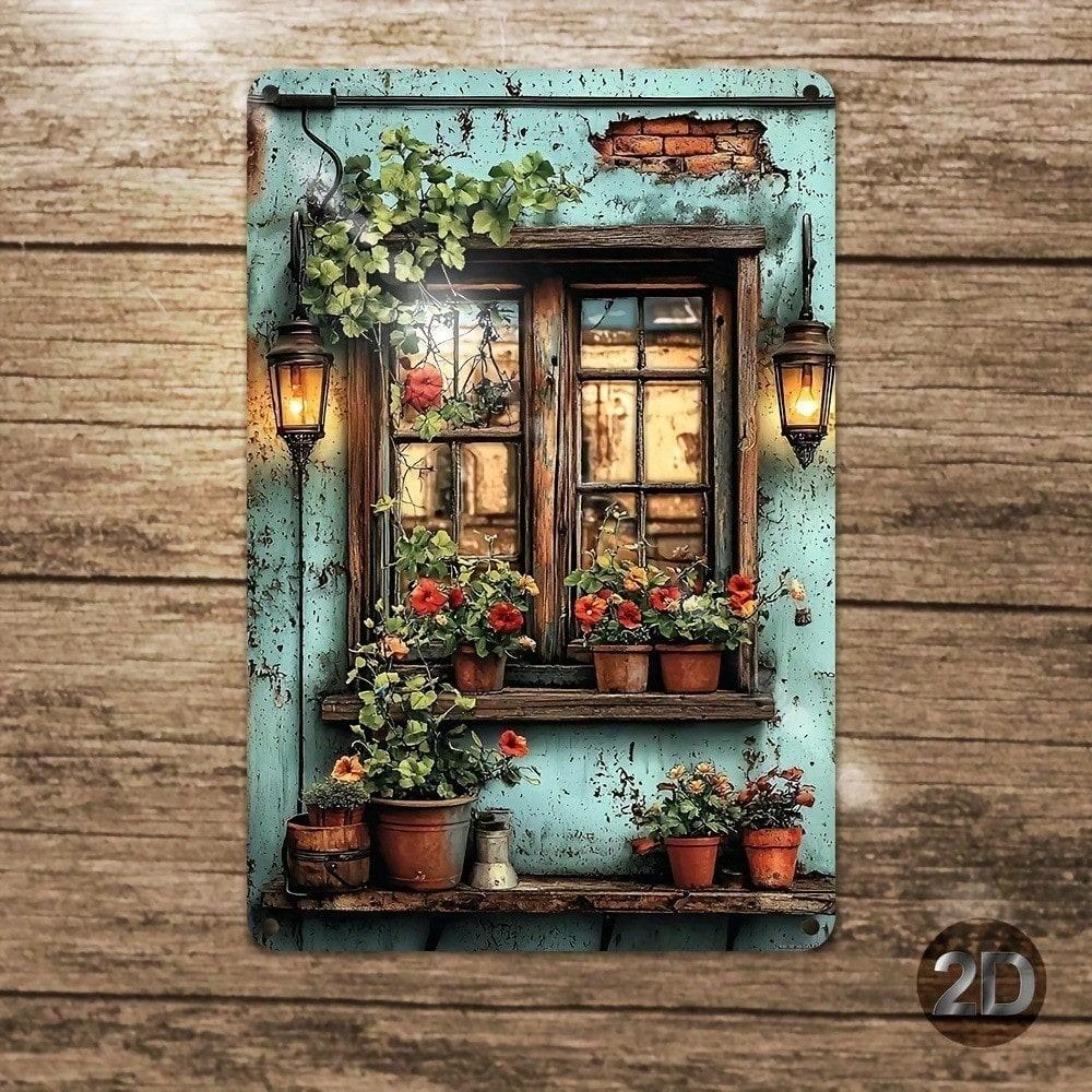 Ventana Rústica Vintage Flor Metal Arte de Pared Impermeable Decoración de Granja Señal