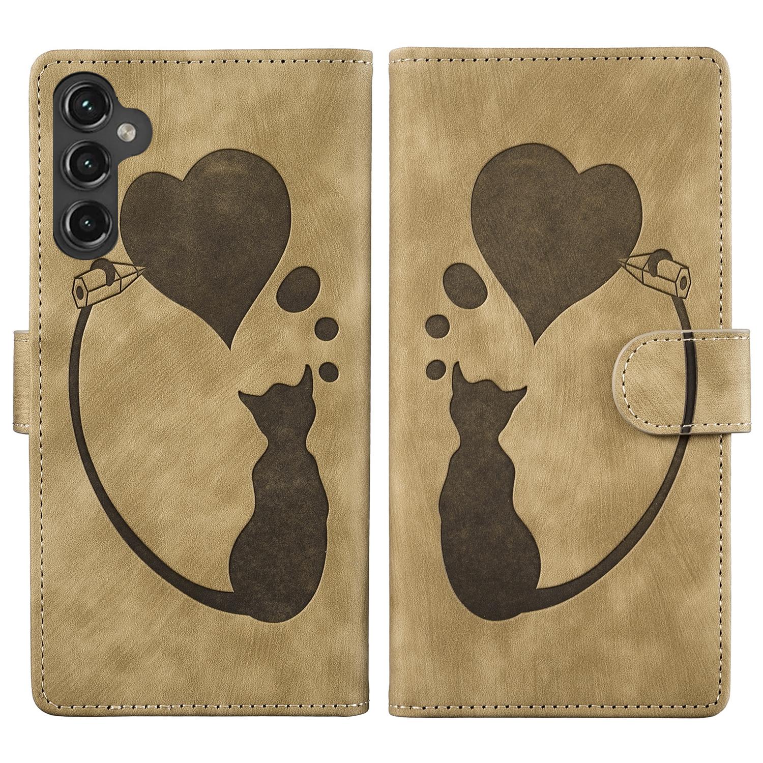 

Для Samsung Galaxy A55 5G чехол Heart Cat складной подставка чехол для телефона из искусственной кожи Light Brown
