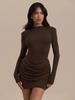 Women's Slim-Fit Pleated Dress: Long Sleeve, Waist-Cinching, Solid Color, Hip-Hugging Design
