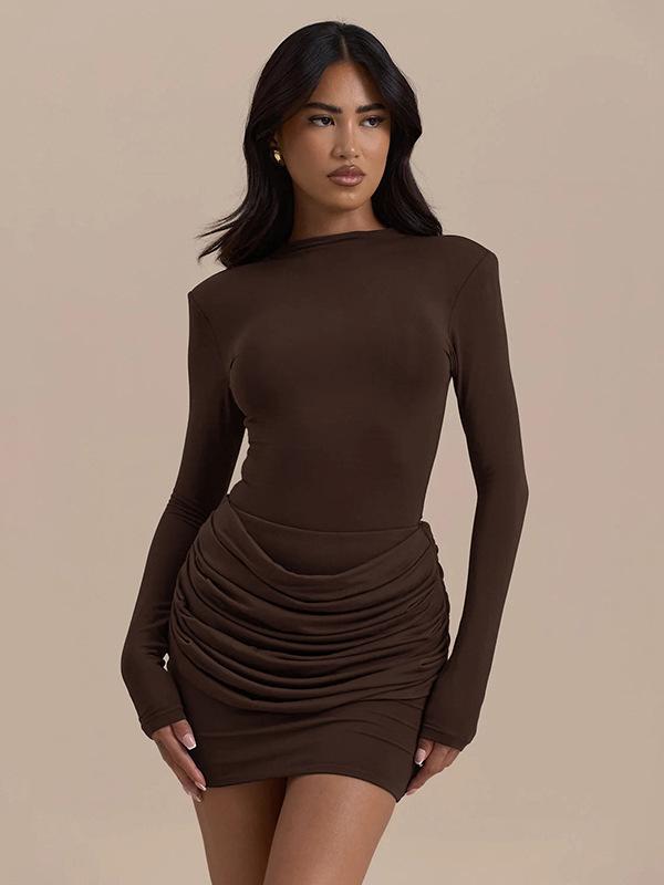 Women's Slim-Fit Pleated Dress: Long Sleeve, Waist-Cinching, Solid Color, Hip-Hugging Design