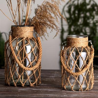 Vintage Blumenvase, Kreative handgewebte Netztasche Transparente Glasvase
