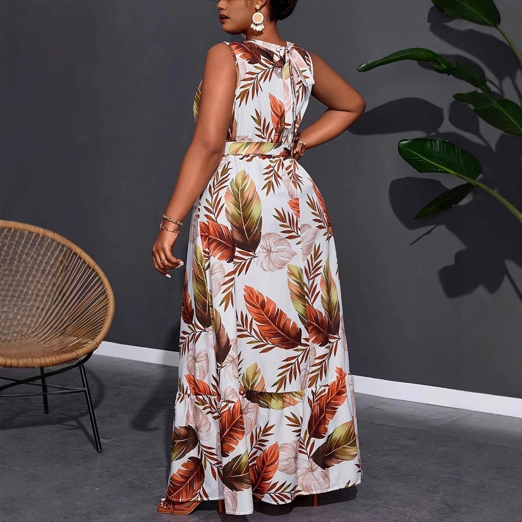 YYFS Women's Fashion Summer Spring Feather Print Sleeveless O-Neck High Waist Casual Dresses