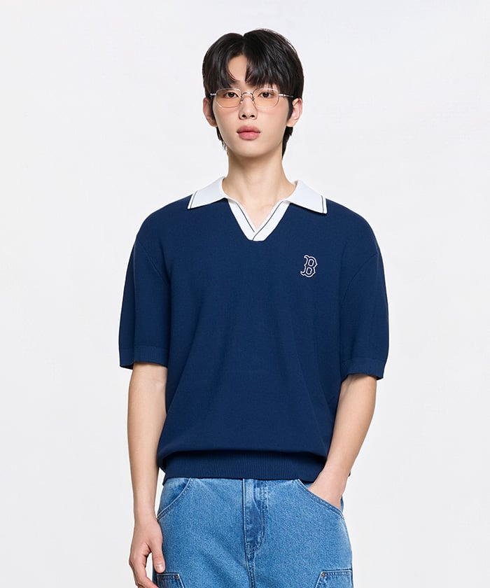Emelbi Varsity Tuck Texture Open Collar Short Sleeve Knit Bos (D.Navy)