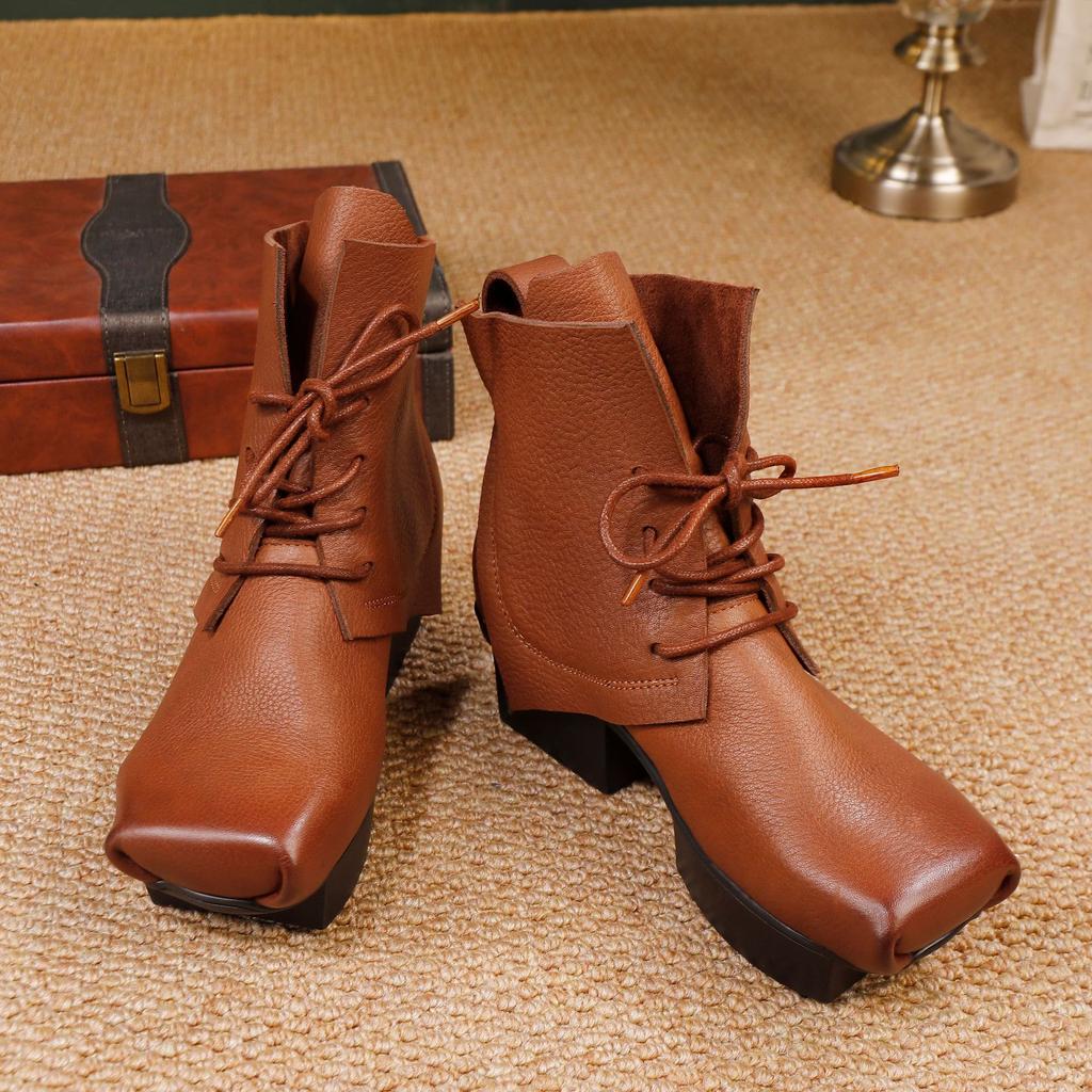 Johnature Square Toe Thick Heel Short Boots Genuine Leather Lace-up Women's Fashion Platform Boots