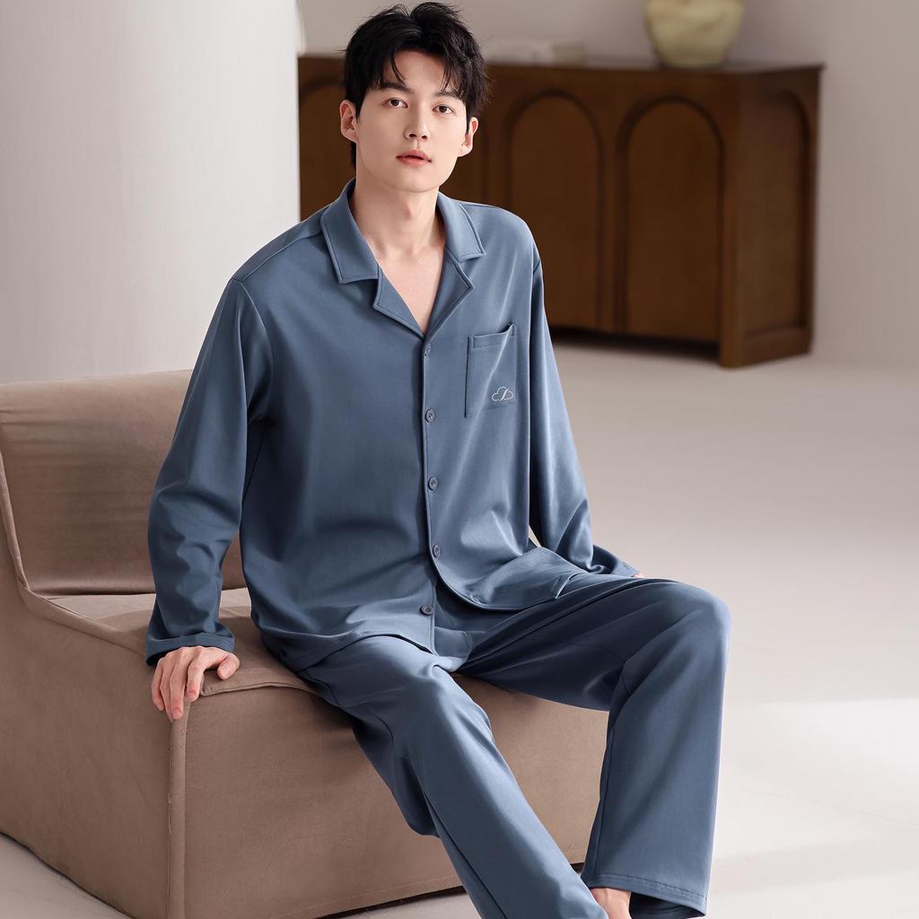 Men's Spring & Autumn Long-Sleeved Cotton Cardigan Pajama Set with Pants