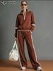 New Casual Sports Set Wind-Breasted Color Block Hoodie Wide Leg Pants Two Piece Outfit