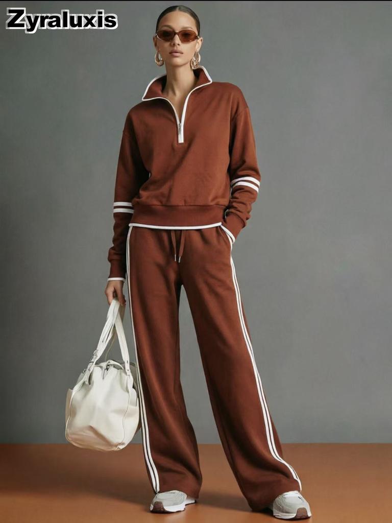 New Casual Sports Set Wind-Breasted Color Block Hoodie Wide Leg Pants Two Piece Outfit