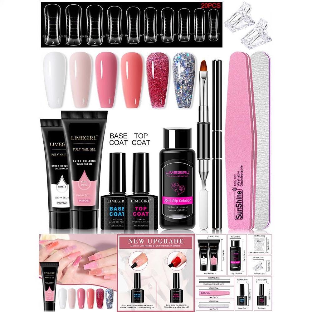 11Pcs Nail Extension Gel Kit - Clear/Nude Polygel Resin for Nail Extension, Acrylic Liquid, U-Shape Nail Forms, Brush, Nail Art Tool Set