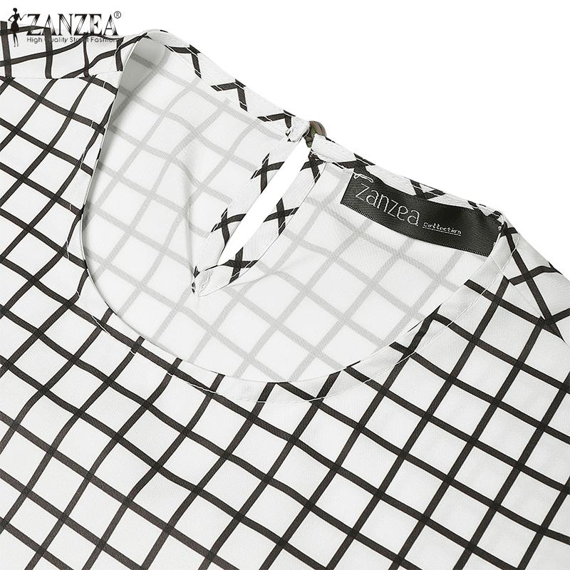 ZANZEA Women Casual Round Neck Plaid Print Patchwork Long Sleeve Blouse