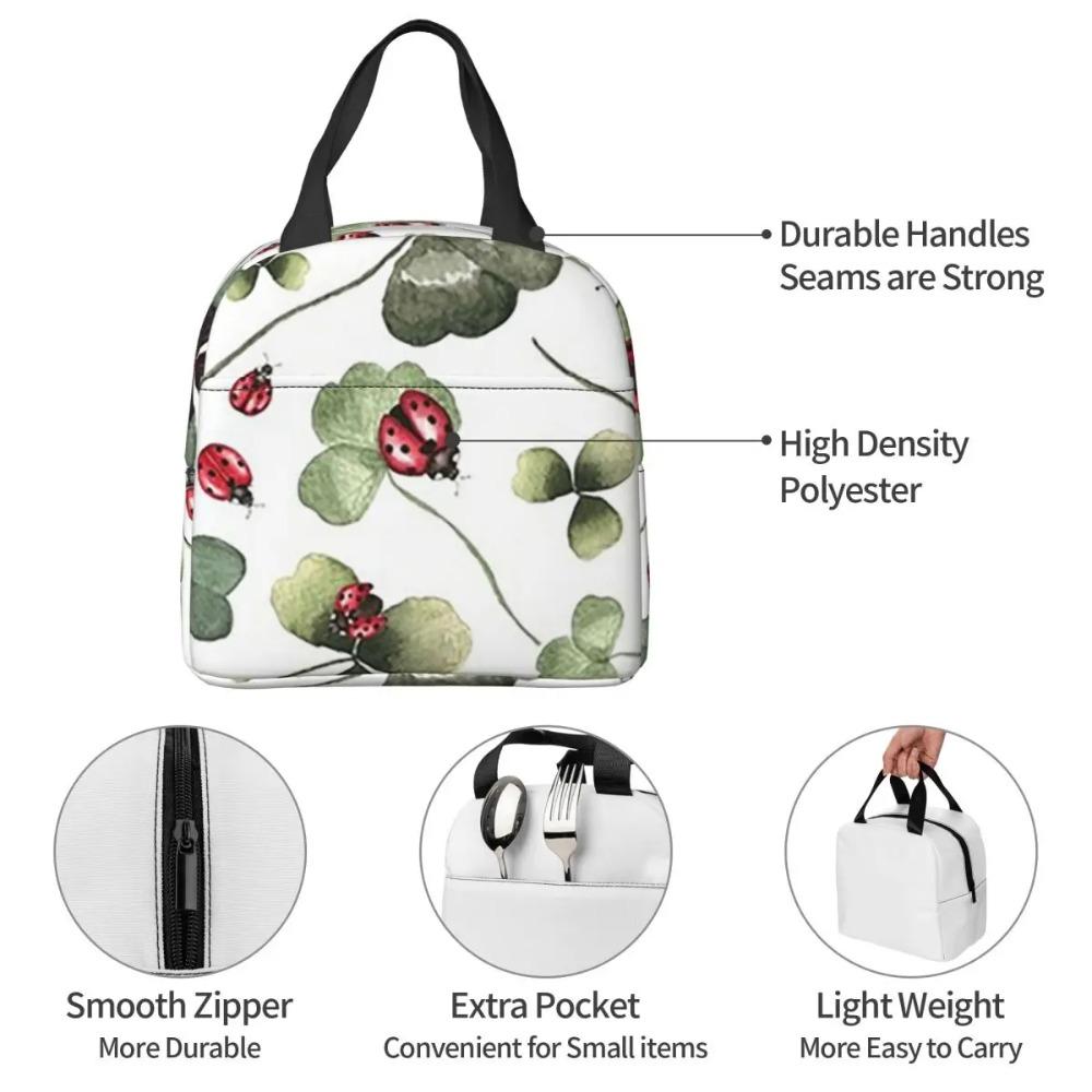 Ladybug On The Four Leaf Grass Insulated Lunch Bag for Kids School Cooler Thermal Food Box Tote Leakproof Lunch Boxes Container