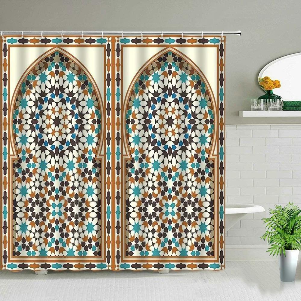Moroccan Yellow Antique Arched Doors Shower Curtains Old Vintage Wooden Door Bathroom Waterproof Fabric Bath Curtains With Hooks