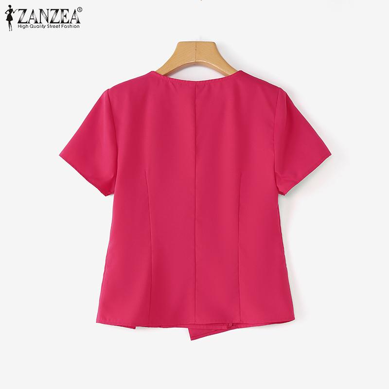 ZANZEA Blusa Estiva da Donna con Scollo a V Tinta Unita Casual Manica Corta