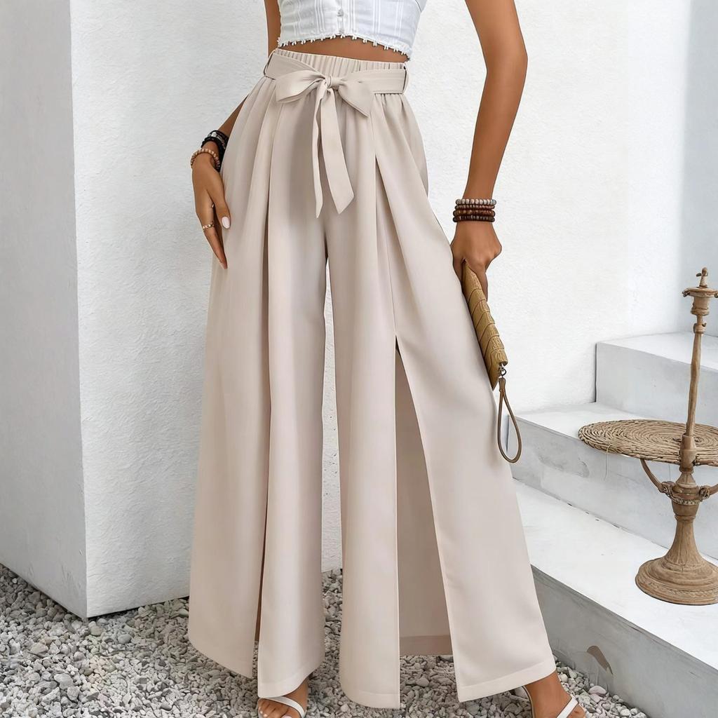 Women's -Color Casual High-Waisted Wide-Leg Trousers With Drawstring