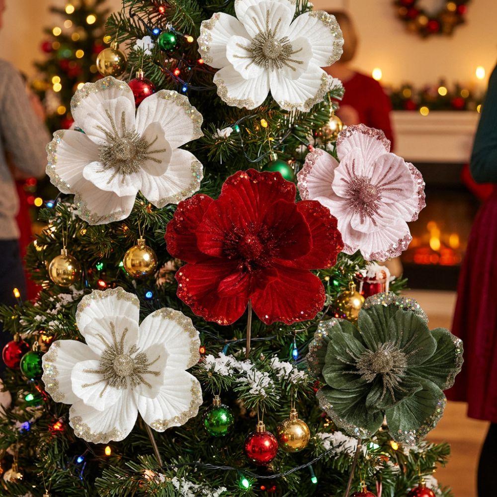 Velvet Fabric Glitter Christmas Flower Sparkling Christmas Tree Magnolia New Year