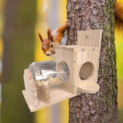 Wooden Squirrel Feeder Outdoor Garden Tree Squirrel Feeding Box Squirrel Food Feeder Box With Clear Bottle Backyard Pet Supplies