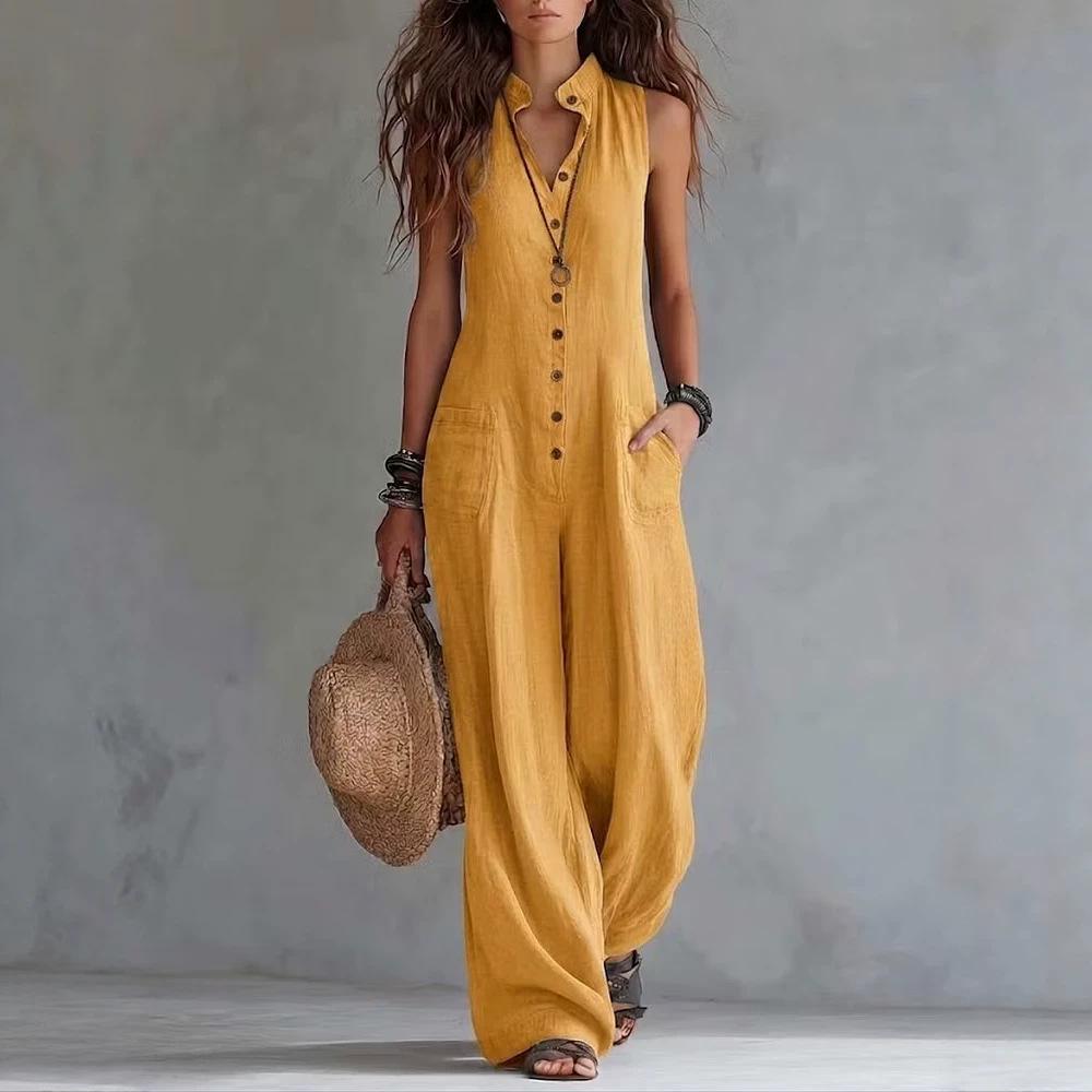 2026 Amazon Independent Site Bestseller Women's Casual Stand Collar Single-Breasted Sleeveless Textured Cotton-Linen Long Jumpsuit