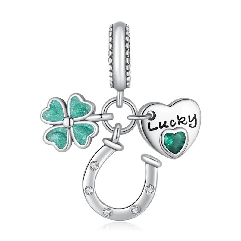 925 Sterling Silver Green Four Leaf Clover Horseshoe Charm Earrings Pendant Necklace Bracelet Jewelry Set