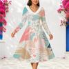 Women Plus Size V Neck Furry Trim Long Sleeve Self Tie Belt Abstract Print Gradient Blue Dress