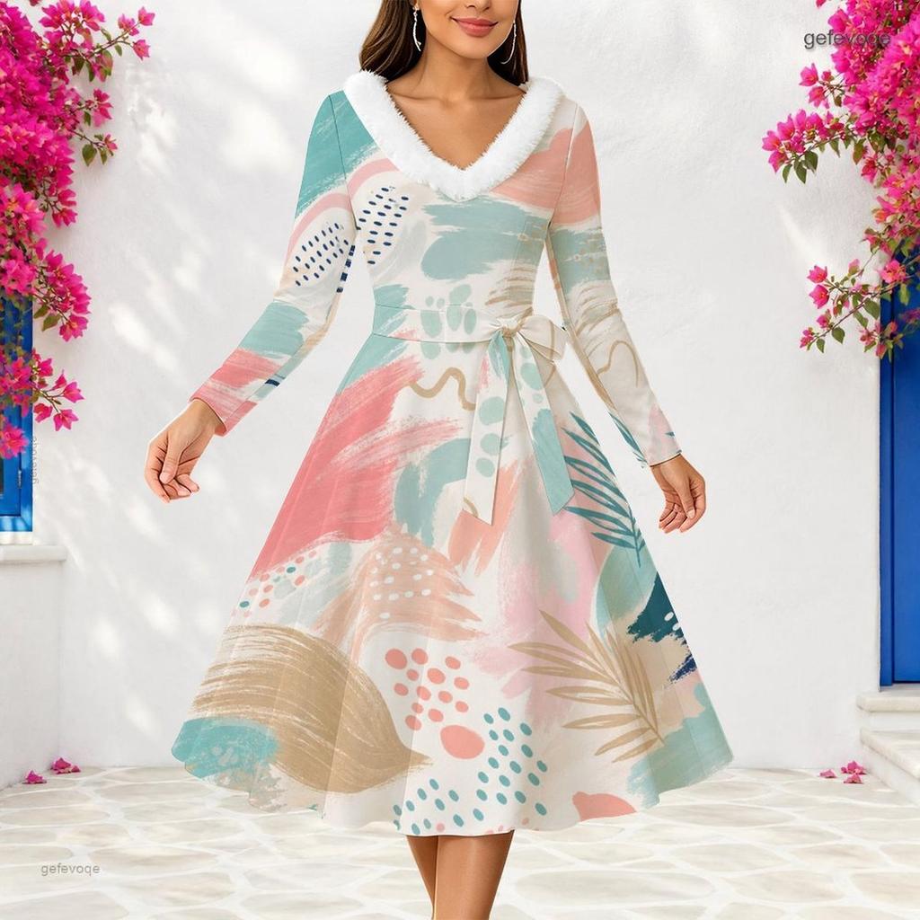 Women Plus Size V Neck Furry Trim Long Sleeve Self Tie Belt Abstract Print Gradient Blue Dress