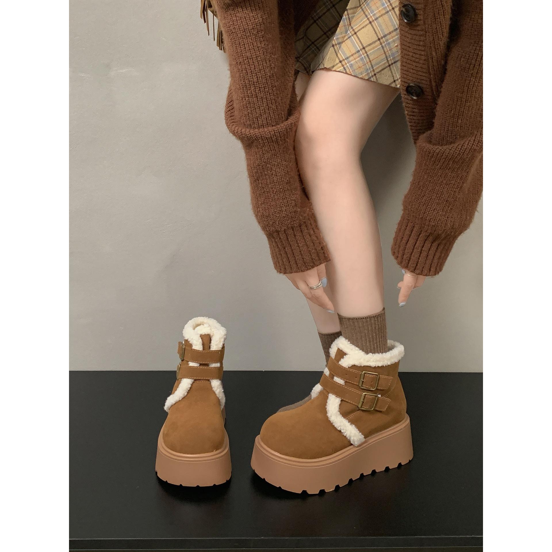 Queen Fan Brown British Style Platform Snow Boots Women s Winter Warm Fleece Birkenstock Short Boots 35