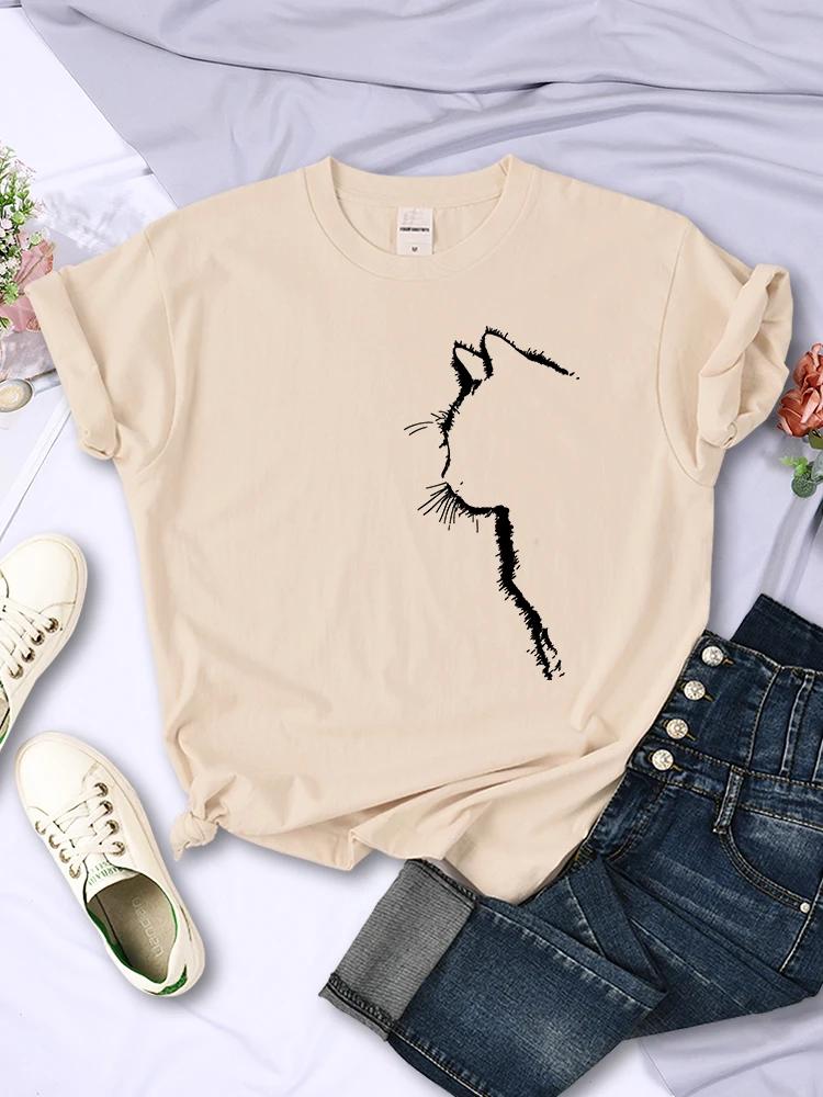 Simple Strokes Of Cat Funny Printed Women T-Shirt Fashion Casual Short Sleeve O-Neck Personality Street Tee Clothing Summer Tops