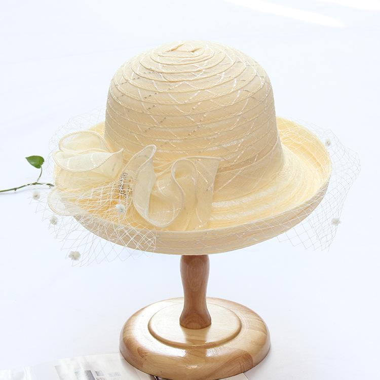 European and American lace mysterious mesh crimped top hat elegant diamond bow sun hat women's summer fashion sun hat