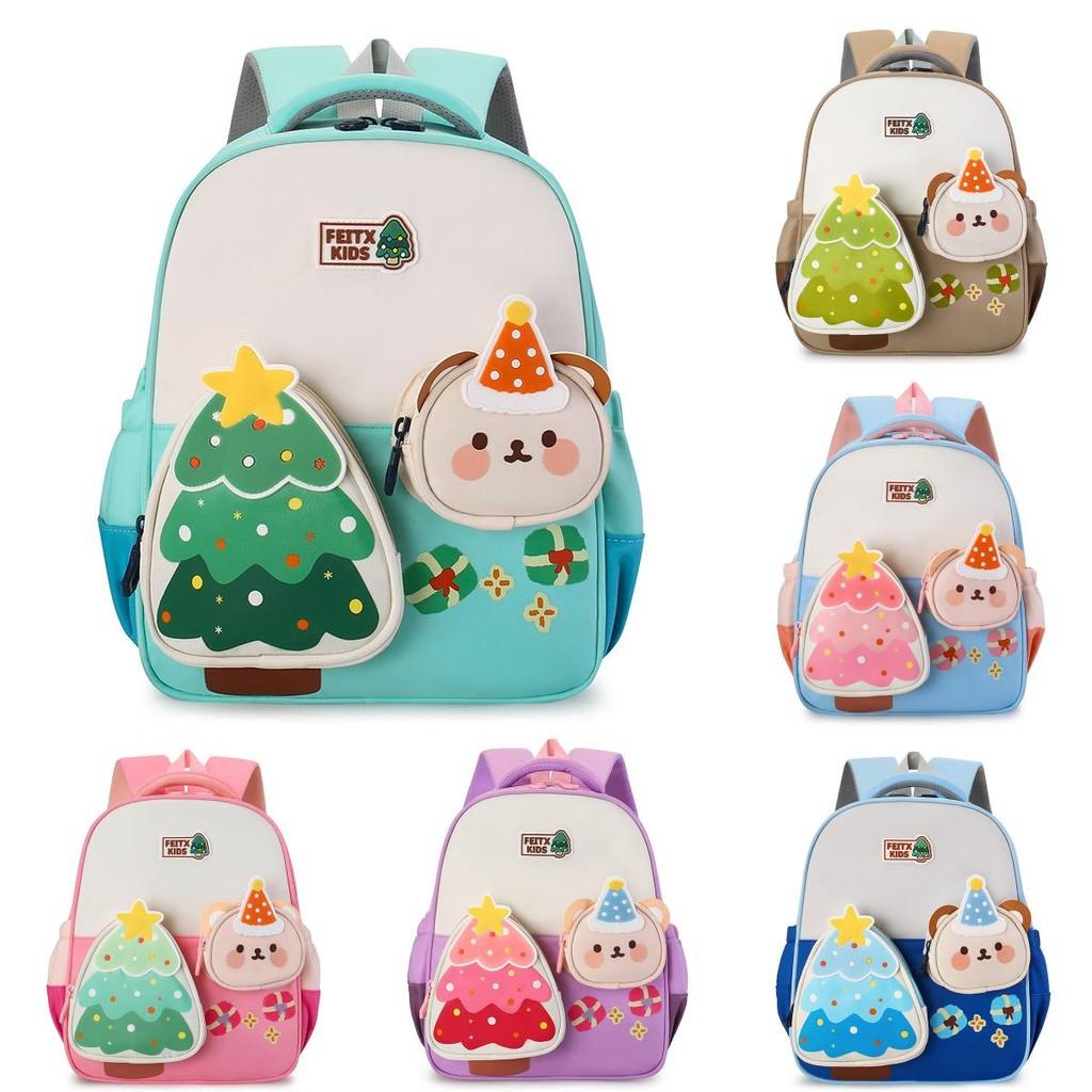 Nylon Kids School Bag With Christmas Tree And Little Bear Decoration Daily For