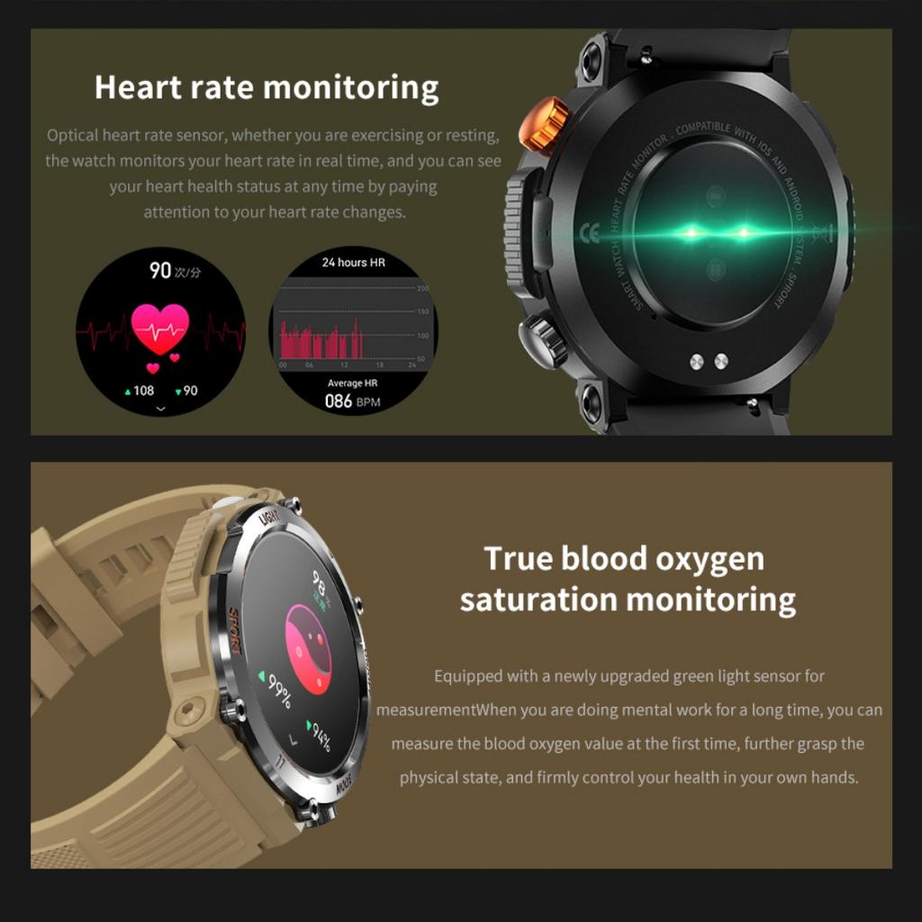 Rainbuvvy HT17 Montre Connectée Appel Bluetooth 1,46 pouces IPS IP67 Étanche Lumières LED 450mAh Fréquence Cardiaque Montre de Sport d'Extérieur