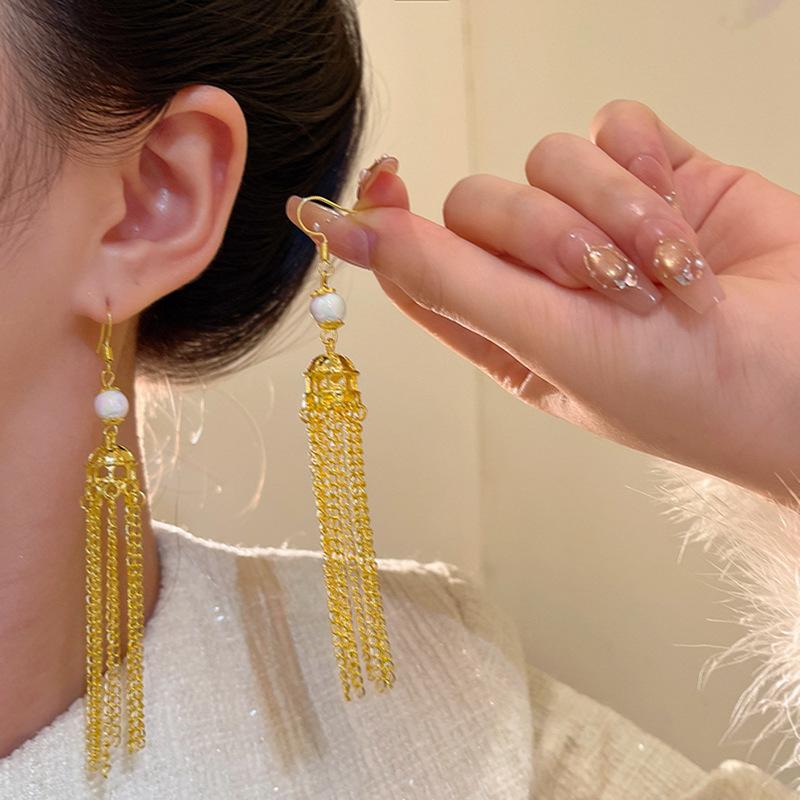 New Chinese antique long fringed earrings women's light luxury stud earrings Internet celebrity same ear