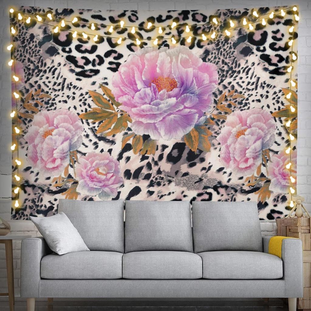 Aesthetic Leopard Print Peony Tapestry, Pink Floral Animal Print Pattern Wall Hanging, Y2K Boho Tapestry For Bedroom Living Room