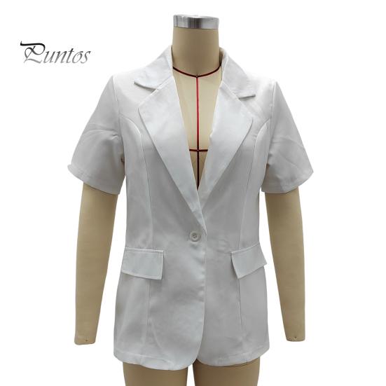 Women Casual Suit Coat Lapel Short Sleeve Single Button Suit Jacket Solid Color Flap Pockets Summer Business Outwear