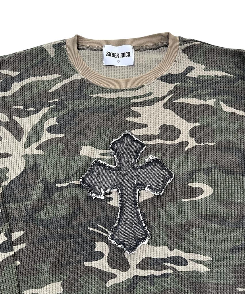 SK8ER ROCK Cross Camouflage Waffle T-Shirt (Khaki)