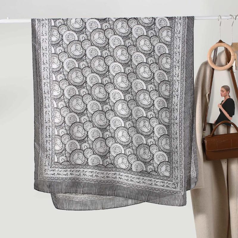 Fashion Women's High-end Sense Retro Printing Thin Silk Scarf Scarf Cotton and Linen Feel Spring and Autumn Warm Sunscreen Scarf