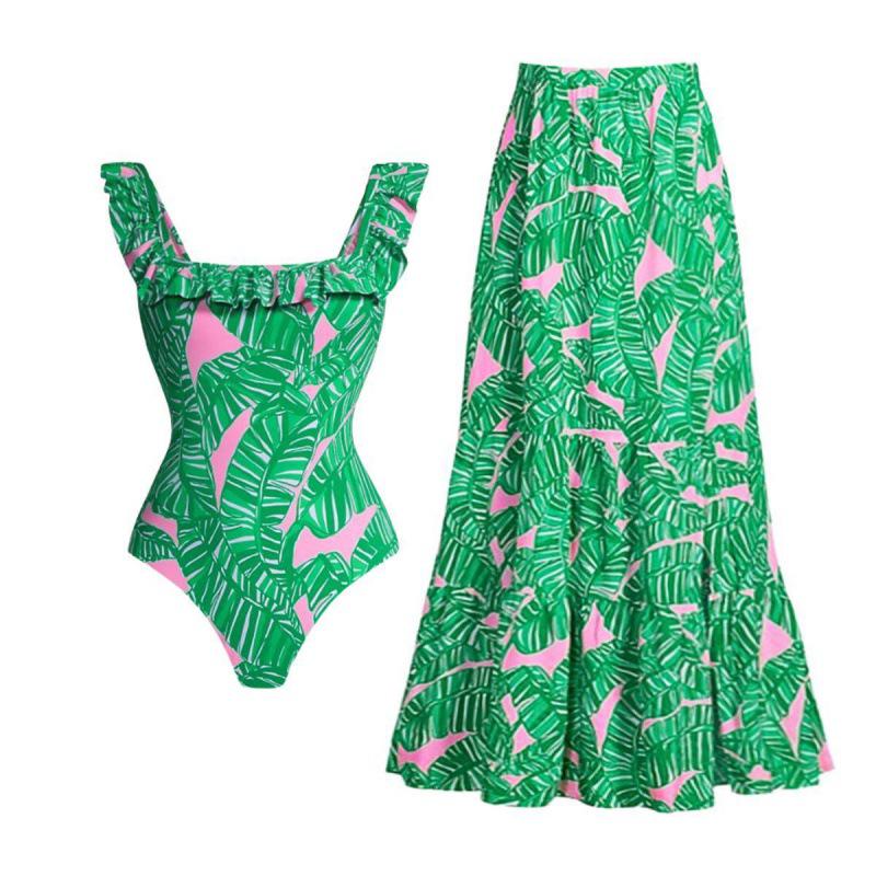 2024 European & American Ruffle Green Print One-Piece Swimsuit - Women's Hot Style Slimming