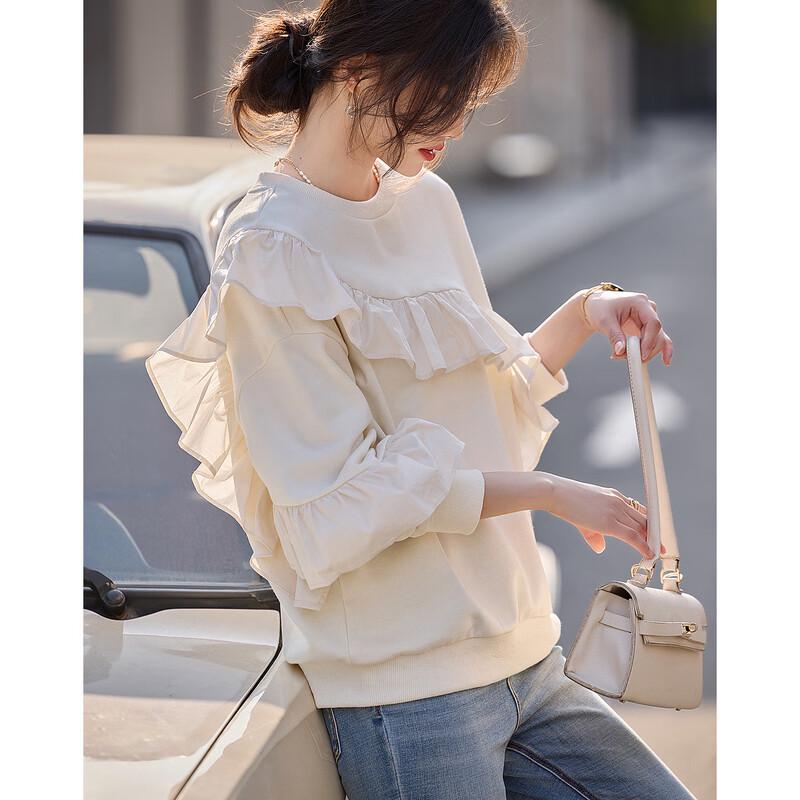 Demana French Lace Trim Round Neck Sweatshirt