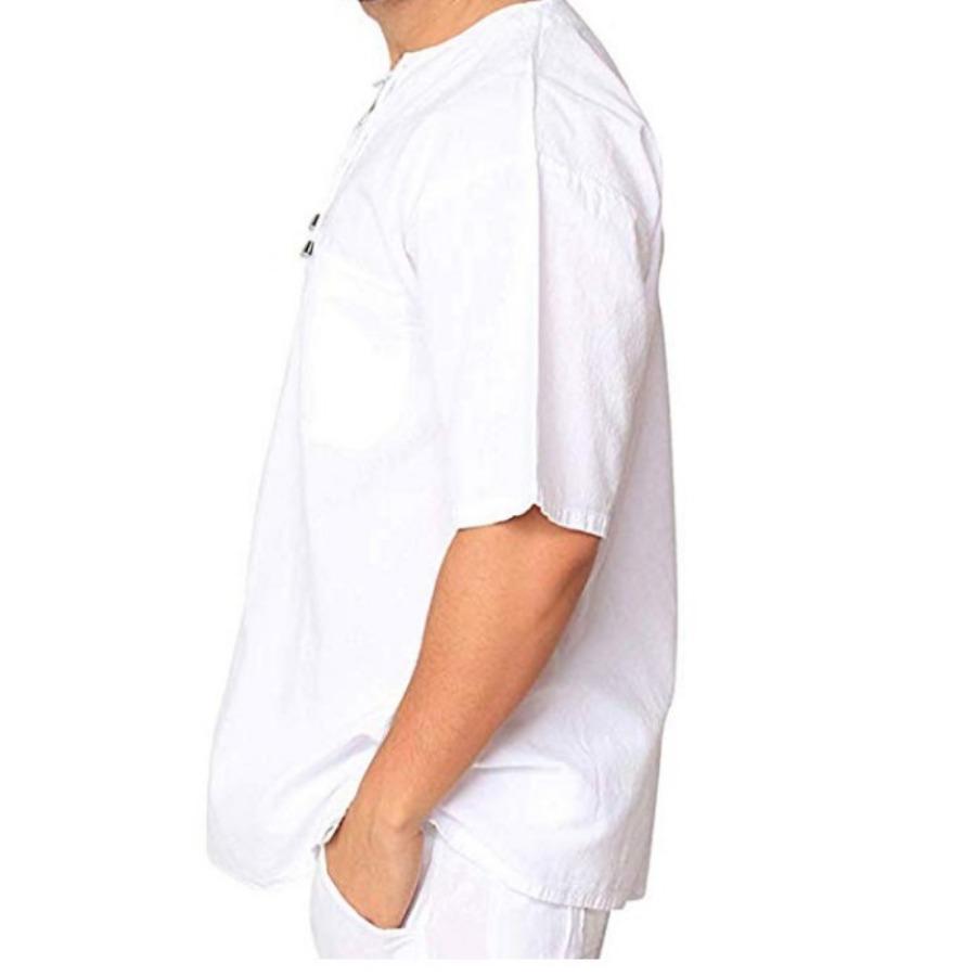 Summer Men's Short Sleeve Blouse Vintage Cotton Linen Tie V Collar Casual Breathable Men Shirt