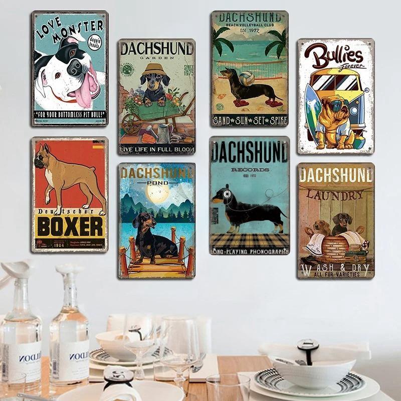 Pôster Vintage Cachorros Fofos de Estimação Placas de Metal de Estanho Dachshund Bulldog Placa de Metal Para Jardim Cafeteria Cozinha Decoração de Arte de Parede para Casa