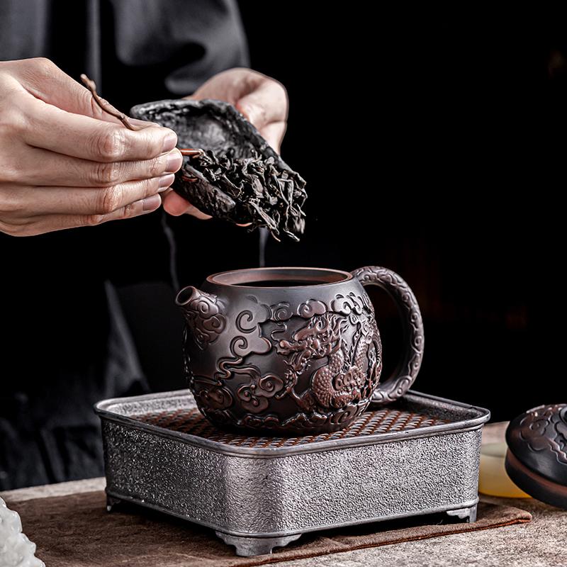 Retro Carving Purple Pottery Teapot Ceramic Household Kettle Pot Kung Fu Tea Set  Pure Handmade Teapot Teapot for Tea Puer Tea