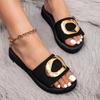 1 Pair Women'S Fashion Slide Sandals, Geometric Golden Accent, Casual Comfort Slip-On Black Slides with Soft EVA Sole, Indoor/Outdoor Low Heel