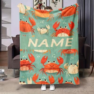 1 Stück Personalisierte Individuelle Name Cartoon Krabbenmuster Flanell Überwurfdecke Niedliches Thema Weich für Alle Jahreszeiten Ideal für Zuhause Couch Bett