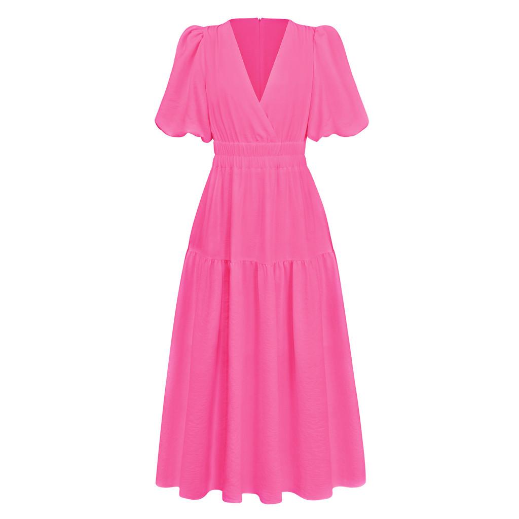 Summer Elegant Deep V Bubble Sleeve Maxi Dress With Pleated Fabric For Women