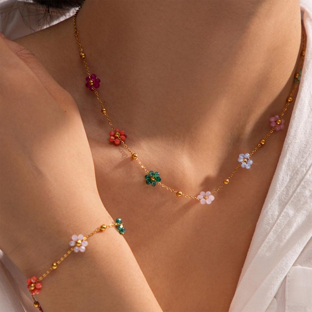 Crystal Floral Jewelry Colorful Flower Necklace/Bracelet Valentine's Day Gift Stylish Accessory for Everyday Wear