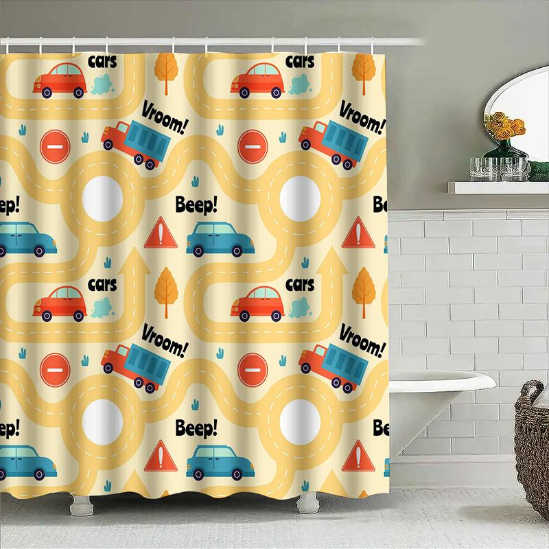 Vibrant Car-Themed Bathroom Shower Curtain For Kids Fun Animal Print Waterproof Fabric Shower Curtain With Hooks Set Home Decor