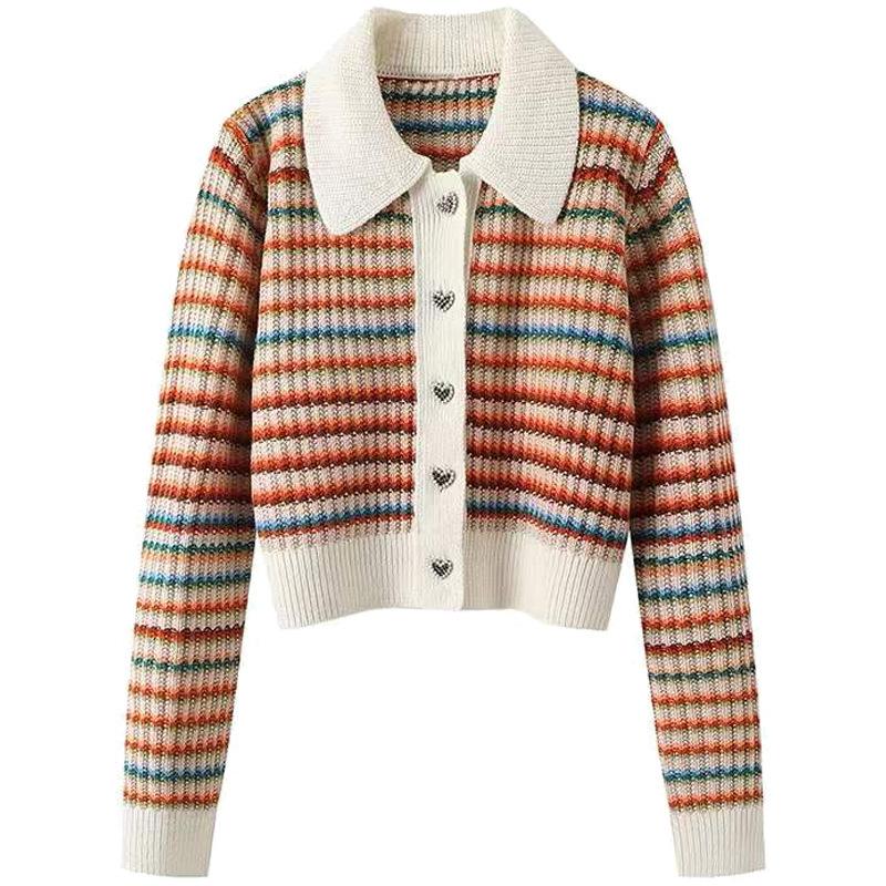 

Women s Colorful Striped Knitted Cardigan Short Spring Autumn Vintage Stripe Sweater Fashion Slimming Flip Collar Loose Top 2XL