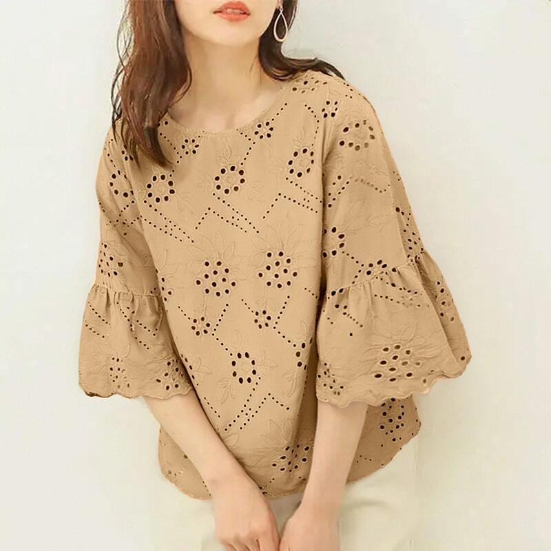 

ZANZEA Женская повседневная блузка с ажурной вязкой, пэчворк, летняя, рукав 3/4 5XL хаки